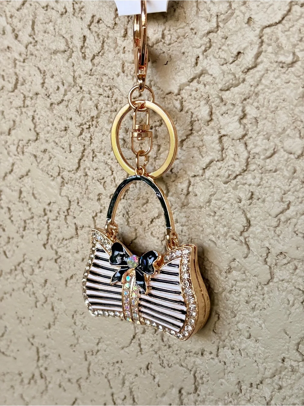 Posh Gold-tone Rhinestone Black & White Striped Purse Keychain